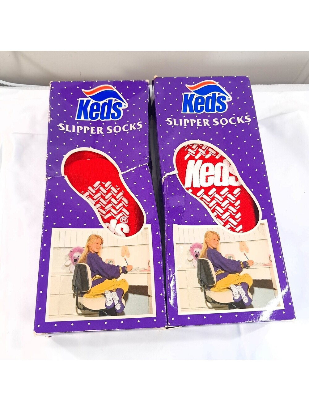 Vintage New Keds Slipper Socks set 2 pairs girls one size red gripper kids boys